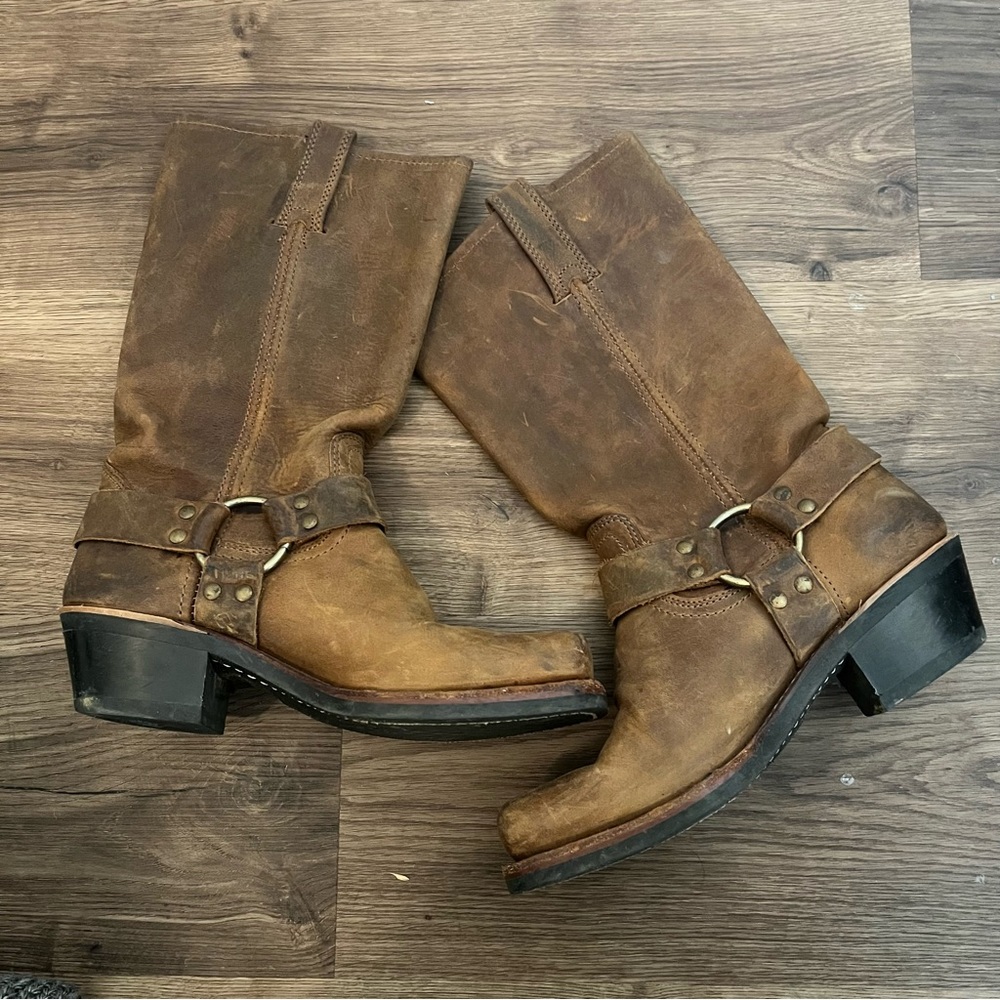 Frye dark brown leather harness boots.